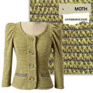 Anthropologie MOTH Sweater Yellow Silver Stripe Retro 40s Coquette Fall Winter